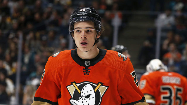 ANAHEIM, CA - FEBRUARY 28: Sonny Milano #22 of the Anaheim Ducks skates during the game against the Pittsburgh Penguins at Honda Center on February 28, 2020 in Anaheim, California. .