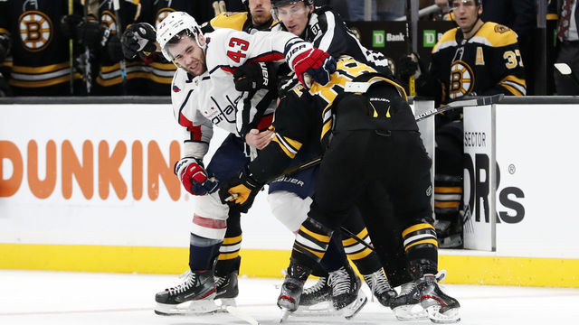 BOSTON, MA - DECEMBER 23: Washington Capitals right wing Tom Wilson (43) goes after Boston Bruins right wing David Pastrnak (88) as linesman Ryan Daisy (81) moves in during a game between the Boston Bruins and the Washington Capitals on December 23, 2019 at TD Garden in Boston, Massachusetts.