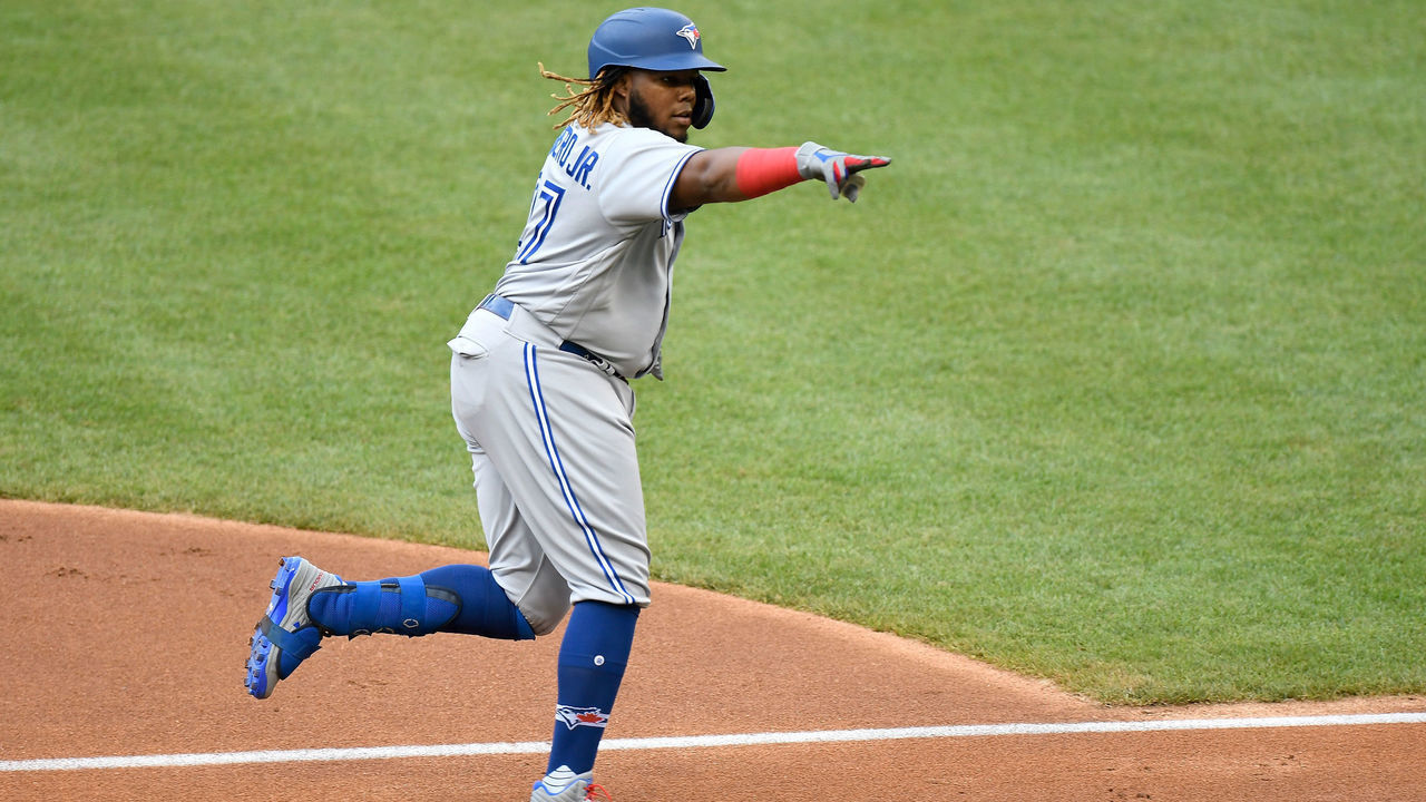 WASHINGTON, DC - JULY 28: Vladimir Guerrero Jr. #27 of the Toronto Blue Jays celebrates after hitting a home run in the second inning against the Washington Nationals at Nationals Park on July 28, 2020 in Washington, DC.