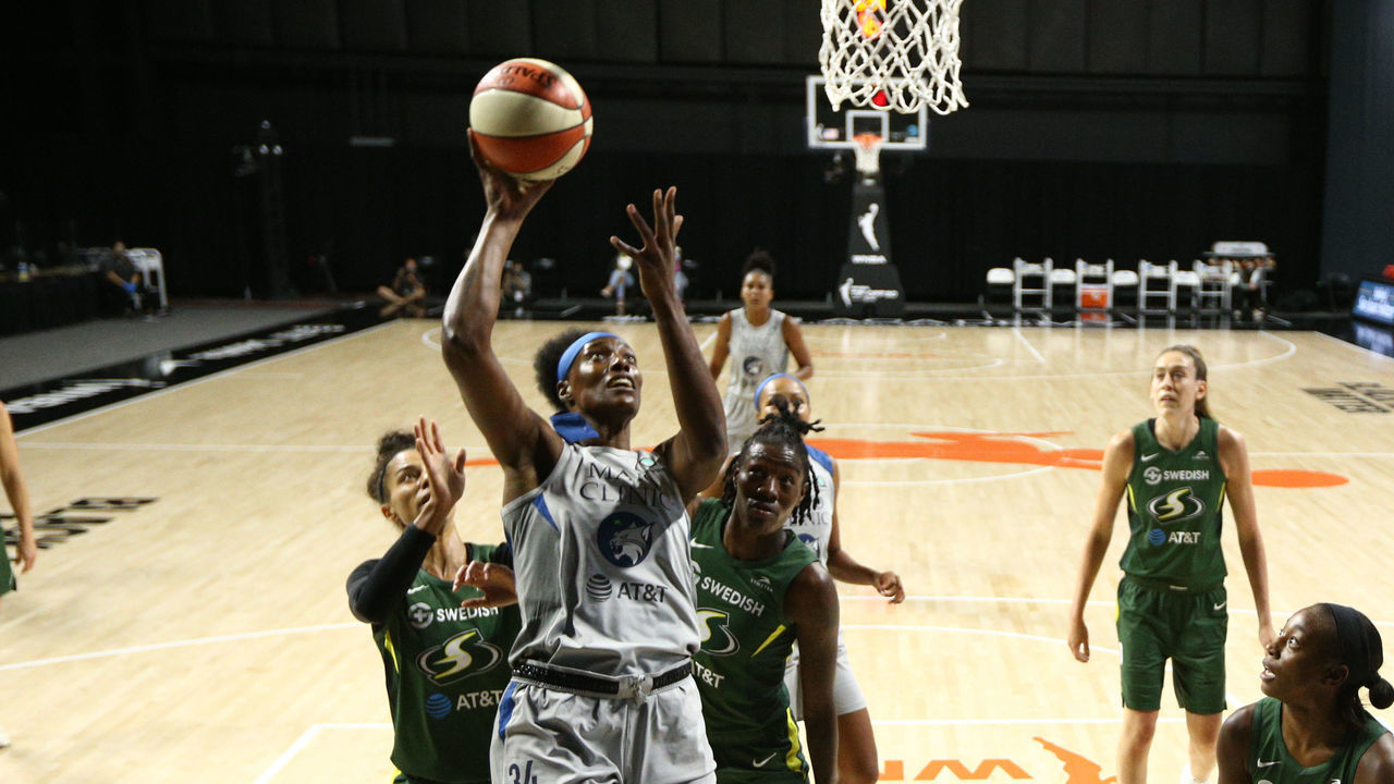 PALMETTO, FL - JULY 28: Sylvia Fowles #34 of the Minnesota Lynx shoots the ball against the Seattle Storm on July 28, 2020 at Feld Entertainment Center in Palmetto, Florida. NOTE TO USER: User expressly acknowledges and agrees that, by downloading and/or using this Photograph, user is consenting to the terms and conditions of the Getty Images License Agreement. Mandatory Copyright Notice: Copyright 2020 NBAE