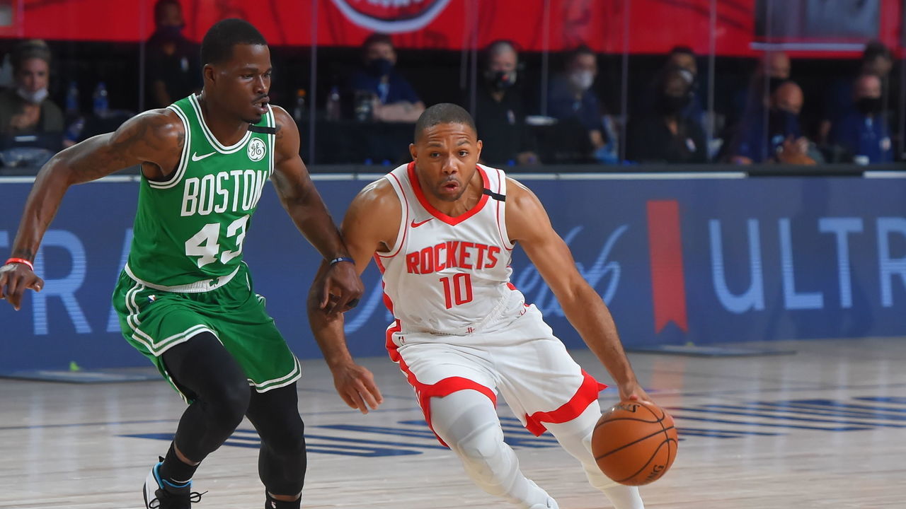 Orlando, FL - JULY 28: Eric Gordon #10 of the Houston Rockets drives to the basket against the Boston Celtics during a scrimmage on July 28, 2020 at The Arena at ESPN Wide World of Sports in Orlando, Florida. NOTE TO USER: User expressly acknowledges and agrees that, by downloading and/or using this Photograph, user is consenting to the terms and conditions of the Getty Images License Agreement. Mandatory Copyright Notice: Copyright 2020 NBAE
