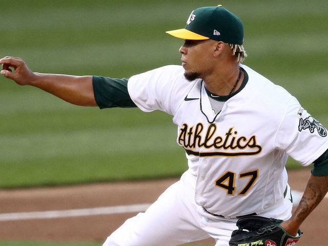 Oakland Athletics Pitcher Frankie Montas (47) during an MLB game