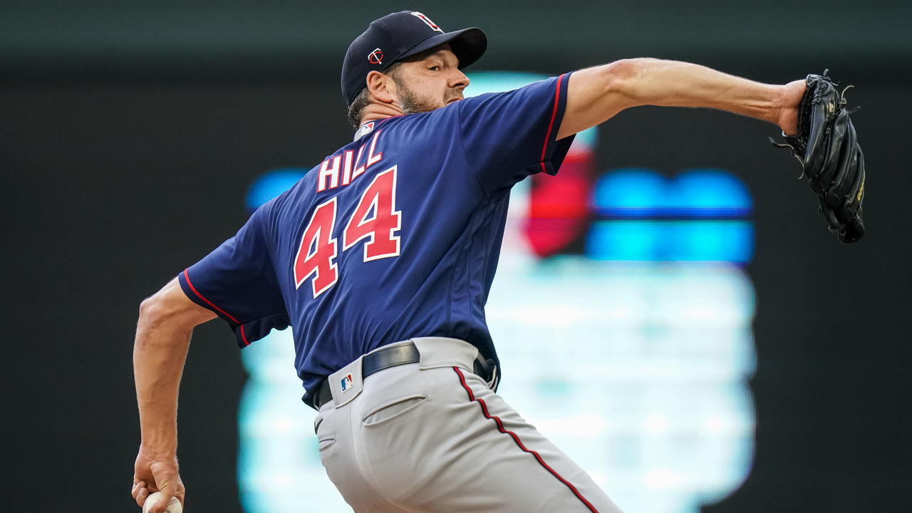 MINNEAPOLIS, MN- JULY 11: Rich Hill #44 of the Minnesota Twins pitches during a summer camp workout at Target Field on July 11, 2020 in Minneapolis, Minnesota.