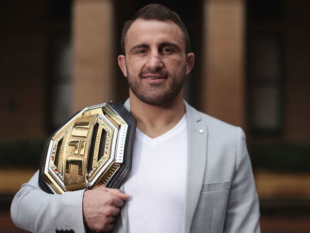 SYDNEY, AUSTRALIA - JULY 28: UFC featherweight champion Alex Volkanovski poses with his UFC belt on July 28, 2020 in Sydney, Australia.