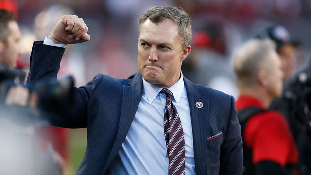 SANTA CLARA, CALIFORNIA - JANUARY 11: San Francisco 49ers general manager John Lynch pumps his fist during the fourth quarter of the NFC Divisional Round Playoff game against the Minnesota Vikings at Levi's Stadium on January 11, 2020 in Santa Clara, California.