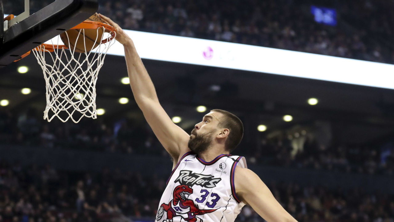 TORONTO, ON - January 28 In first half action, Toronto Raptors center Marc Gasol (33) drops in a couple of points. The Toronto Raptors took on the Atlanta Hawks at the Scotiabank Arena in NBA basketball action. January 28, 2020 (Richard Lautens/Toronto Star via Getty Images)