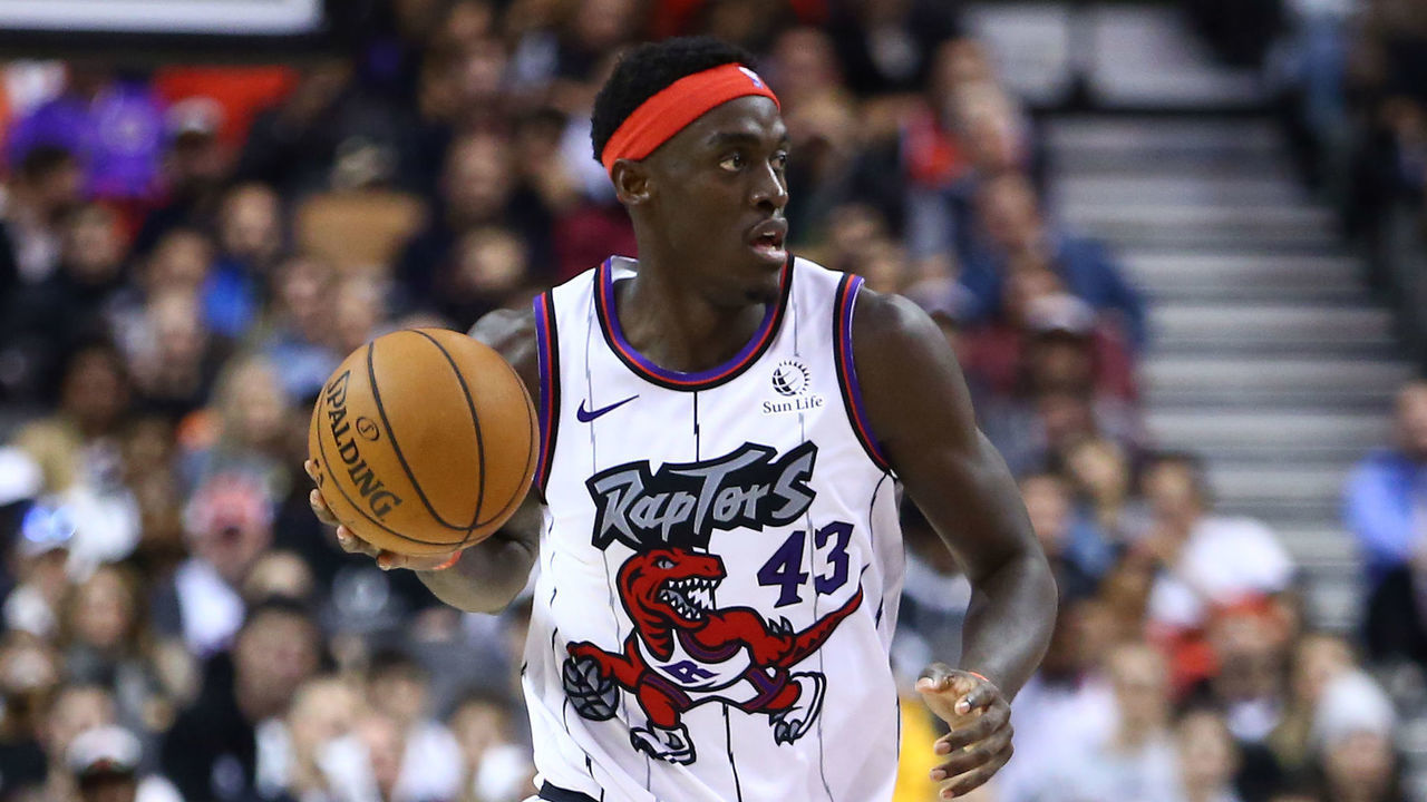 TORONTO, ON - OCTOBER 28: Pascal Siakam #43 of the Toronto Raptors dribbles the ball during the second half of an NBA game against the Orlando Magic at Scotiabank Arena on October 28, 2019 in Toronto, Canada.