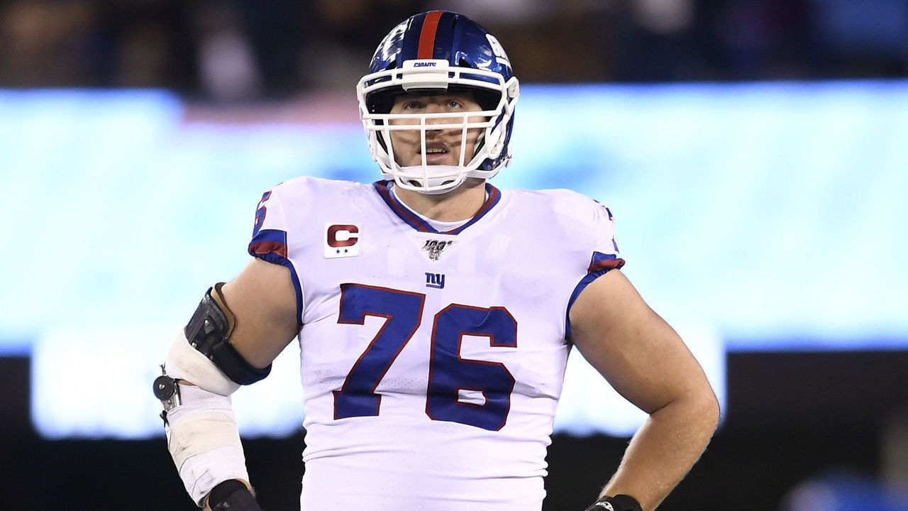 EAST RUTHERFORD, NEW JERSEY - NOVEMBER 04: Nate Solder #76 of the New York Giants looks on while waiting for a play to be reviewed during second half of the game against the Dallas Cowboys at MetLife Stadium on November 04, 2019 in East Rutherford, New Jersey.