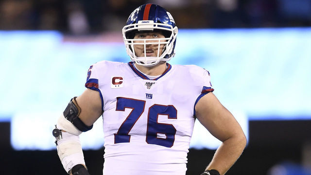 EAST RUTHERFORD, NEW JERSEY - NOVEMBER 04: Nate Solder #76 of the New York Giants looks on while waiting for a play to be reviewed during second half of the game against the Dallas Cowboys at MetLife Stadium on November 04, 2019 in East Rutherford, New Jersey.
