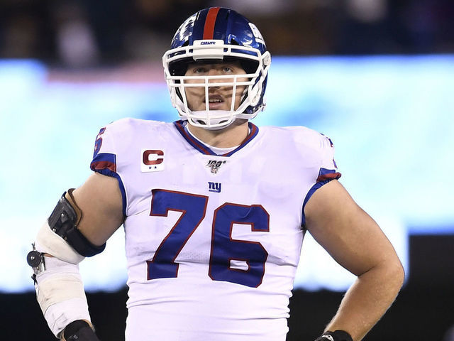 EAST RUTHERFORD, NEW JERSEY - NOVEMBER 04: Nate Solder #76 of the New York Giants looks on while waiting for a play to be reviewed during second half of the game against the Dallas Cowboys at MetLife Stadium on November 04, 2019 in East Rutherford, New Jersey.