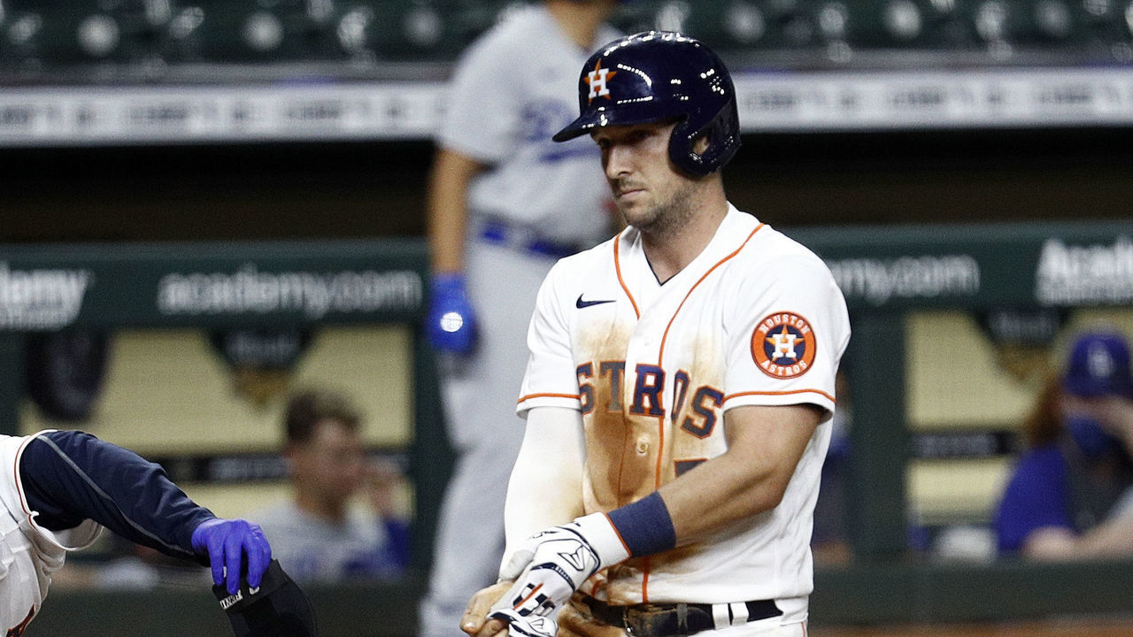 HOUSTON, TEXAS - JULY 28: Alex Bregman #2 of the Houston Astros reacts after Joe Kelly #17 of the Los Angeles Dodgers threw a pitch at his head in the sixth inning at Minute Maid Park on July 28, 2020 in Houston, Texas.
