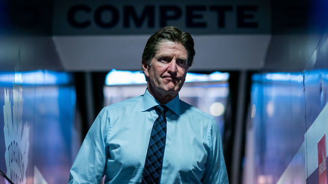 TORONTO, ON - NOVEMBER 5: Toronto Maple Leafs head coach Mike Babcock returns to the locker room before playing the Los Angeles Kings at the Scotiabank Arena on November 5, 2019 in Toronto, Ontario, Canada.