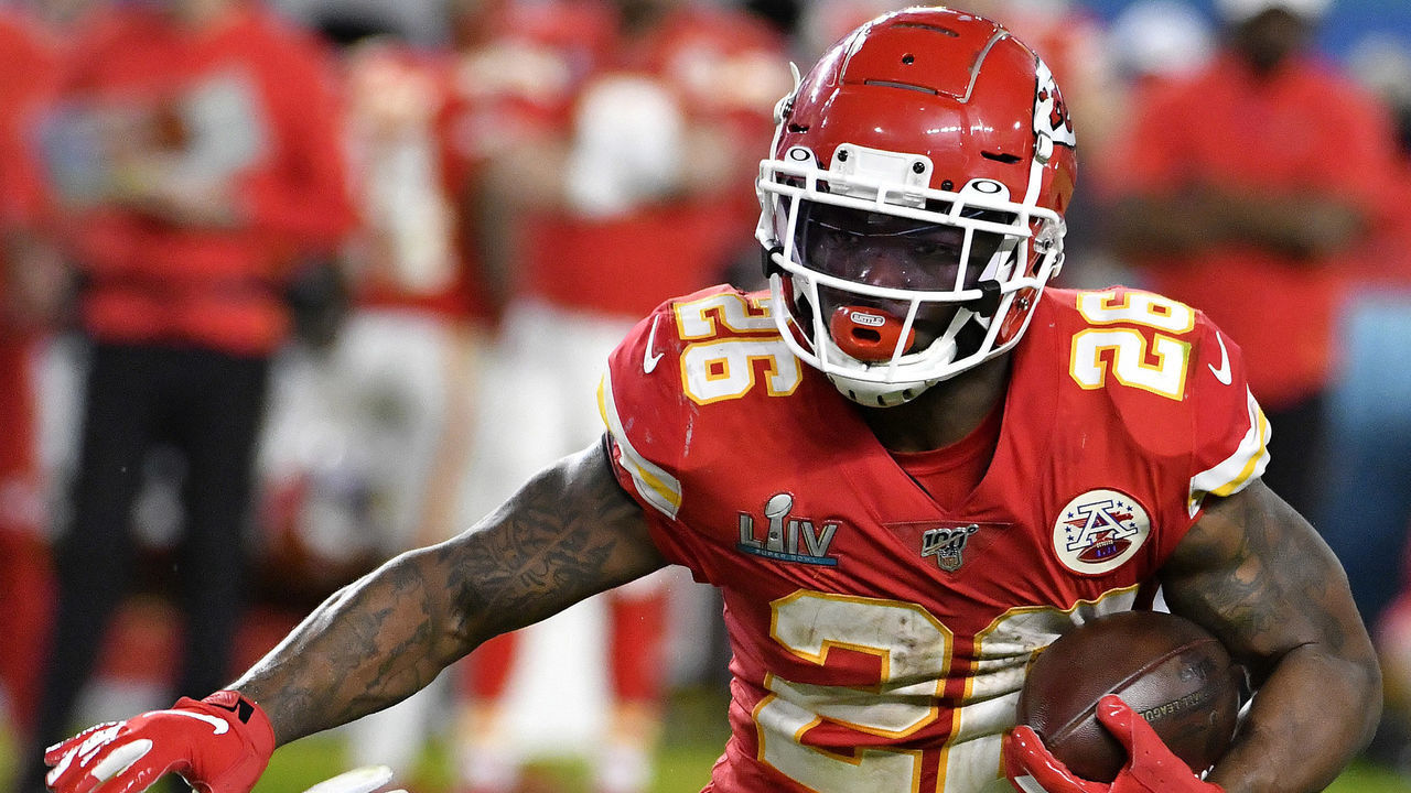 MIAMI, FLORIDA - FEBRUARY 02: Damien Williams #26 of the Kansas City Chiefs carries the ball against the San Francisco 49ers in Super Bowl LIV at Hard Rock Stadium on February 02, 2020 in Miami, Florida. The Chiefs won the game 31-20.
