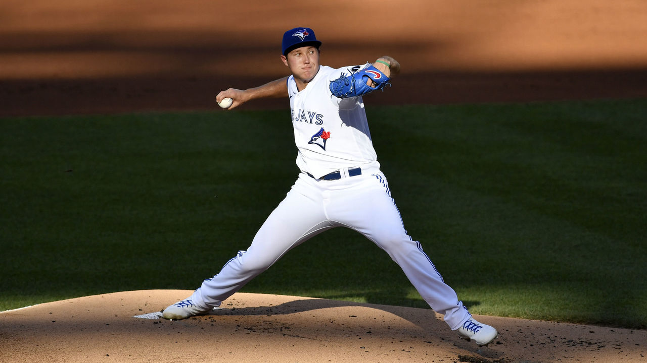 TORONTO, ON - SEPTEMBER 17: Toronto Blue Jays Pitcher Nate Pearson (24)  celebrates after a strikeout during the MLB baseball regular season game  between the Minnesota Twins and the Toronto Blue Jays