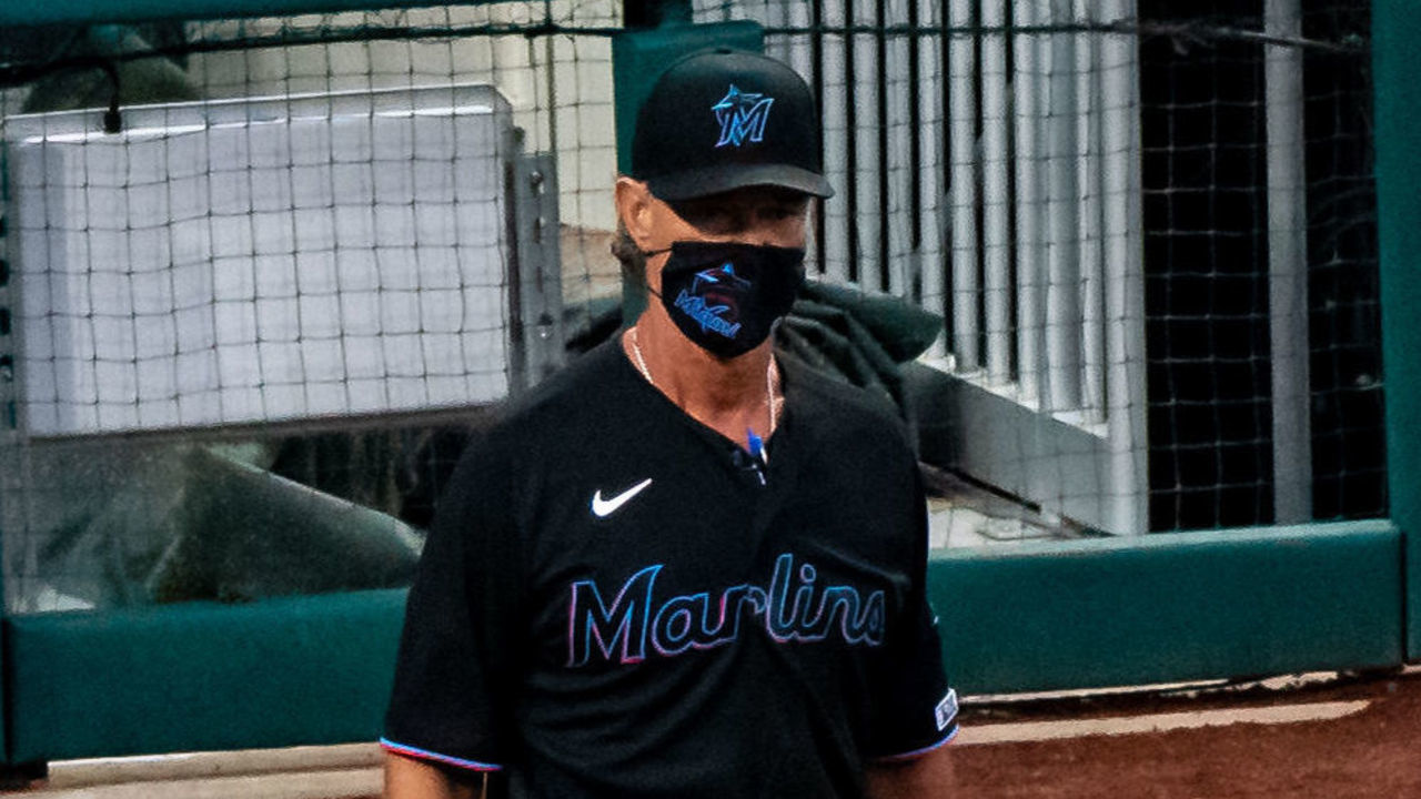 PHILADELPHIA, PA - JULY 24: Miami Marlins manager Don Mattingly wears a mask during the game between the Miami Marlins and Philadelphia Phillies on July 24, 2020 at Citizens Bank Park in Philadelphia, PA.