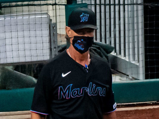 PHILADELPHIA, PA - JULY 24: Miami Marlins manager Don Mattingly wears a mask during the game between the Miami Marlins and Philadelphia Phillies on July 24, 2020 at Citizens Bank Park in Philadelphia, PA.