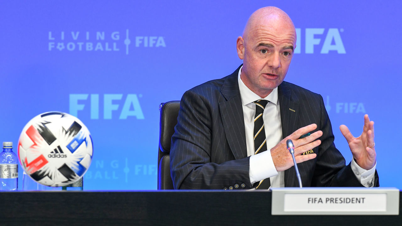 ZURICH, SWITZERLAND - JUNE 25: FIFA President Gianni Infantino speaks during a press conference after the virtual FIFA Council Meeting at the Home of FIFA on June 25, 2020 in Zurich, Switzerland. The virtual meeting, held behind closed doors due to the Covid-19 pandemic, included the bidding process and vote for the host of the FIFA Women's World Cup 2023 (FWWC23) which was awarded to the joint bid of Australia and New Zealand .