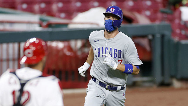 CINCINNATI, OH - JULY 27: Kris Bryant #17 of the Chicago Cubs runs the bases while wearing a facemask during the game against the Cincinnati Reds at Great American Ball Park on July 27, 2020 in Cincinnati, Ohio. The Cubs defeated the Reds 8-7.
