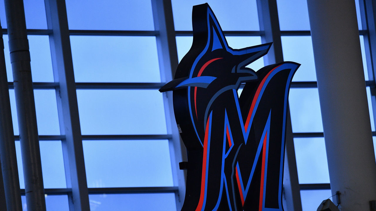 MIAMI, FLORIDA - JULY 17: A general view of the Miami Marlins logo in the outfield during an intrasquad game at Marlins Park at Marlins Park on July 17, 2020 in Miami, Florida.