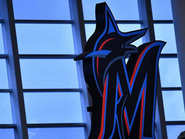 MIAMI, FLORIDA - JULY 17: A general view of the Miami Marlins logo in the outfield during an intrasquad game at Marlins Park at Marlins Park on July 17, 2020 in Miami, Florida.