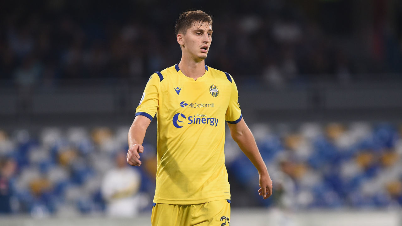 Marash Kumbulla of Hellas Verona during the Serie A TIM match between SSC Napoli and Hellas Verona at Stadio San Paolo Naples Italy on 19 October 2019.