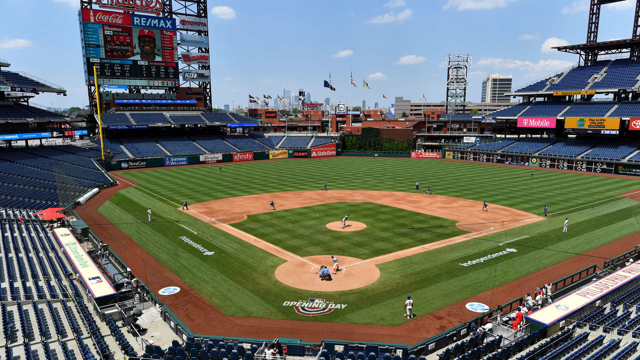PHILADELPHIA, PA - JULY 26: The Phillie Phanatic watches from the empty seats as Phillies SS Didi Gregorius (18) hits in the third inning during the game between the Miami Marlins and Philadelphia Phillies on July 26, 2020 at Citizens Bank Park in Philadelphia, PA.