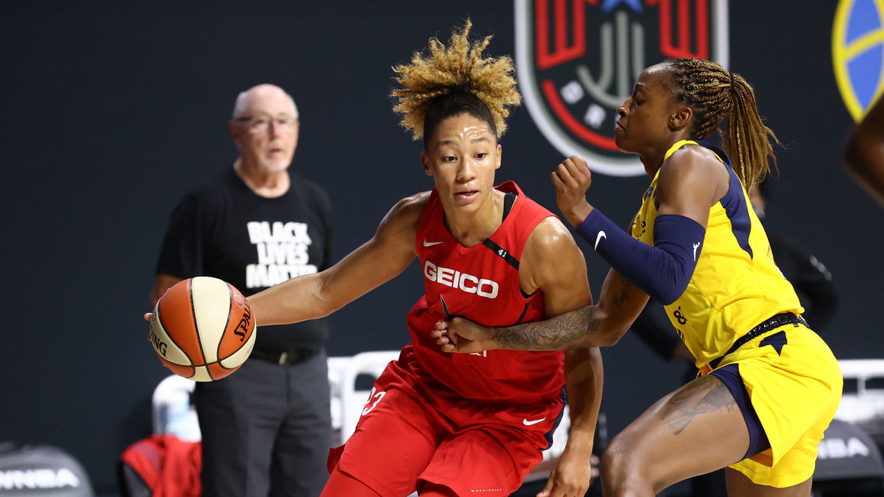 PALMETTO, FL - JULY 25: Aerial Powers #23 of the Washington Mystics handles the ball against the Indiana Fever on July 25, 2020 at Feld Entertainment Center in Palmetto, Florida. NOTE TO USER: User expressly acknowledges and agrees that, by downloading and/or using this Photograph, user is consenting to the terms and conditions of the Getty Images License Agreement. Mandatory Copyright Notice: Copyright 2020 NBAE