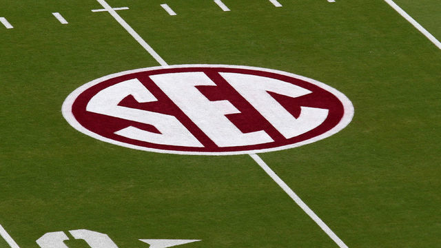 STARKVILLE, MS - OCTOBER 19: The SEC logo is painted on the field for the game between the LSU Tigers and the Mississippi State Bulldogs on October 19, 2019 at Davis Wade Stadium in Starkville, Mississippi.