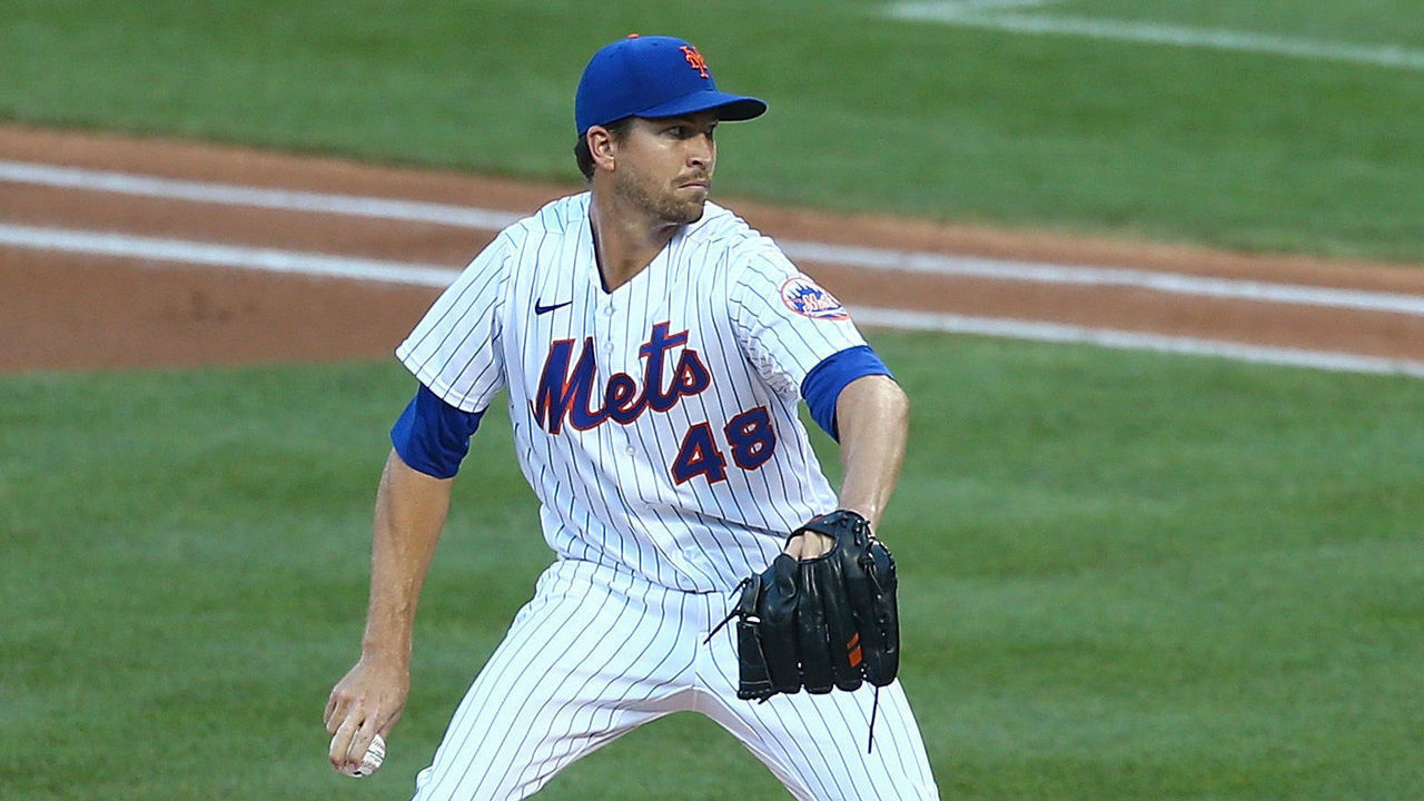 NEW YORK, NEW YORK - JULY 29: Jacob deGrom #48 of the New York Mets in action against the Boston Red Sox at Citi Field on July 29, 2020 in New York City.Boston Red Sox defeated the New York Mets 6-5.