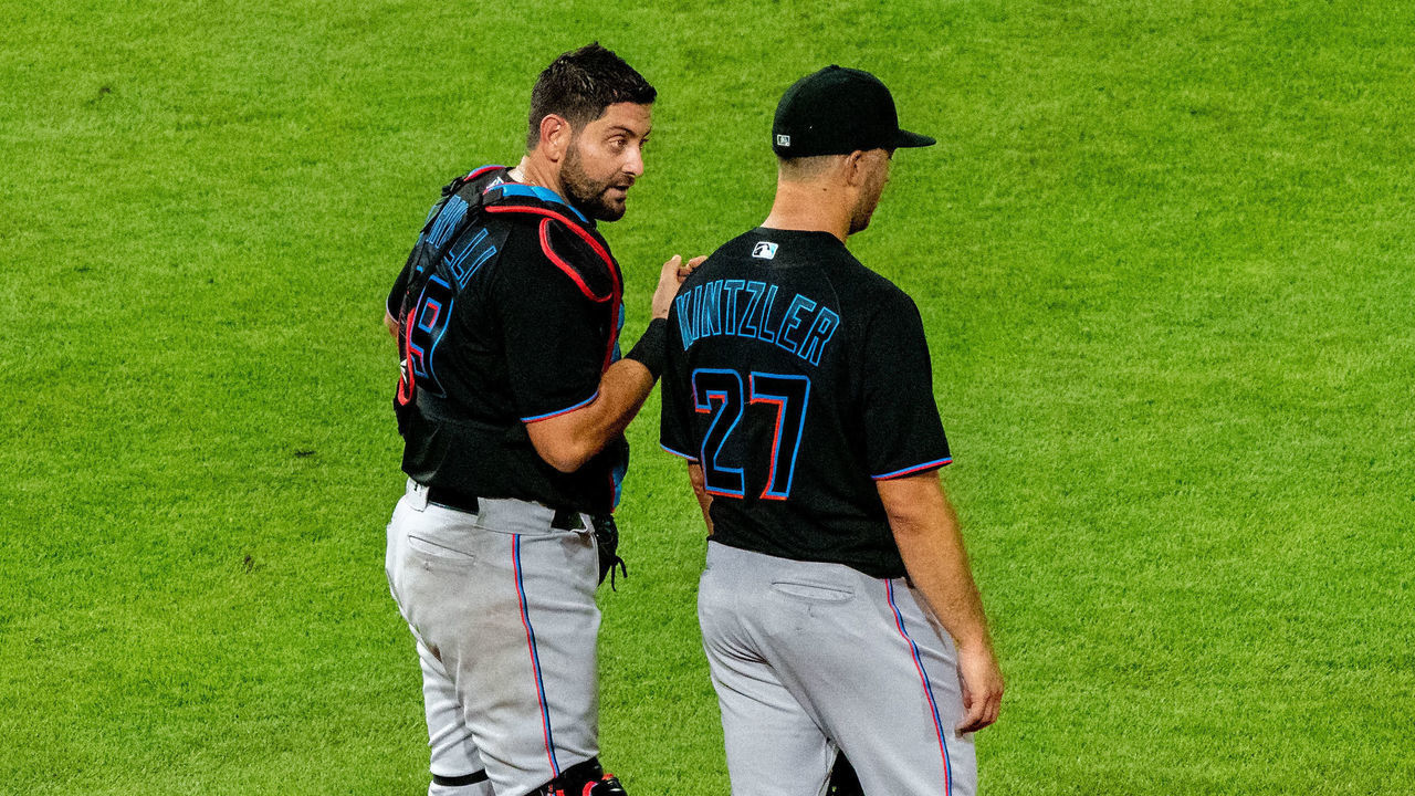 PHILADELPHIA, PA - JULY 24: Miami Marlins catcher Francisco Cervelli (29) talks with pitcher Brandon Kintzler (27) during the game between the Miami Marlins and Philadelphia Phillies on July 24, 2020 at Citizens Bank Park in Philadelphia, PA.