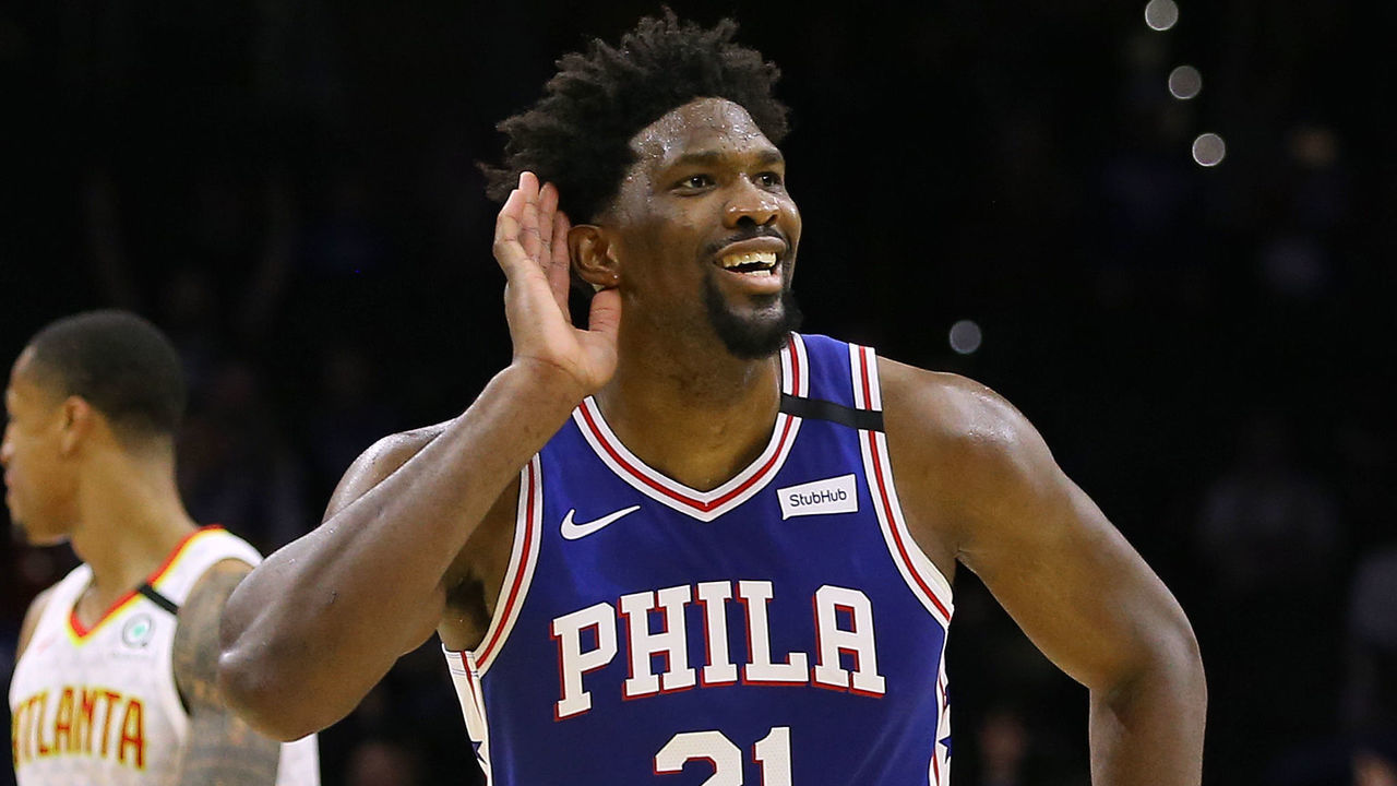 PHILADELPHIA, PA - FEBRUARY 24: Joel Embiid #21 of the Philadelphia 76ers gestures after scoring a three-point basket for his career high 49th point during the second half of an NBA basketball game against of the Atlanta Hawks at Wells Fargo Center on February 24, 2020 in Philadelphia, Pennsylvania. The Sixers defeated the Hawks 129-112.