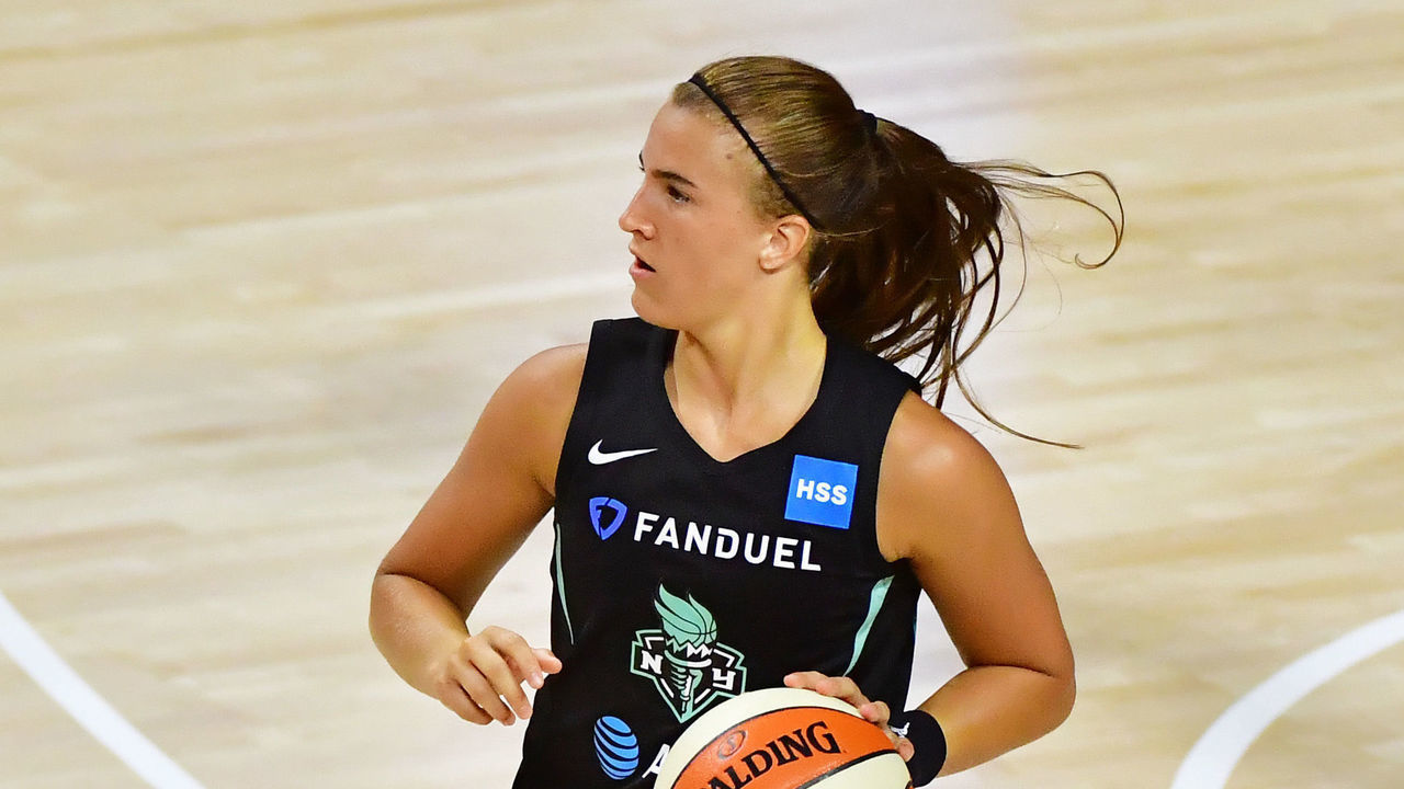 PALMETTO, FLORIDA - JULY 29: Sabrina Ionescu #20 of the New York Liberty dribbles the ball during the second half of a game against the Dallas Wings at Feld Entertainment Center on July 29, 2020 in Palmetto, Florida.