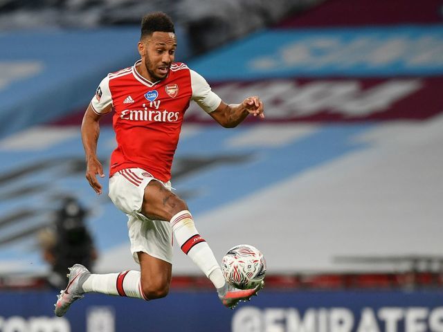 Arsenal's Gabonese striker Pierre-Emerick Aubameyang controls the ball during the English FA Cup semi-final football match between Arsenal and Manchester City at Wembley Stadium in London, on July 18, 2020.