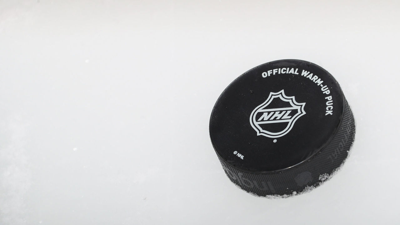 NEWARK, NEW JERSEY - JANUARY 04: A warm-up puck sits on the ice prior to the game between the New Jersey Devils and the Colorado Avalanche at the Prudential Center on January 04, 2020 in Newark, New Jersey.