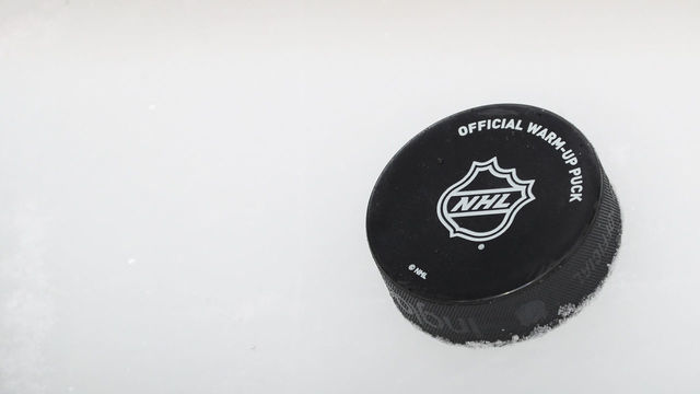 NEWARK, NEW JERSEY - JANUARY 04: A warm-up puck sits on the ice prior to the game between the New Jersey Devils and the Colorado Avalanche at the Prudential Center on January 04, 2020 in Newark, New Jersey.