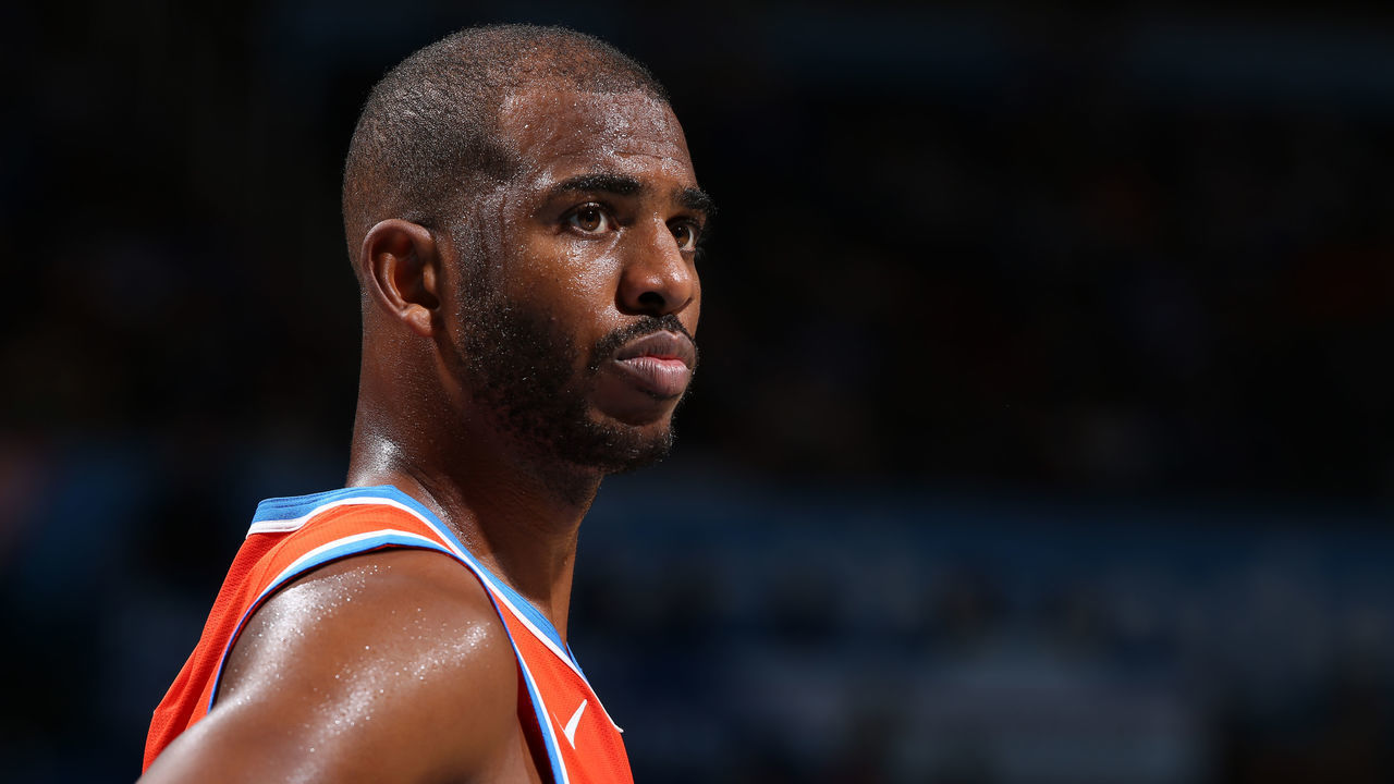 OKLAHOMA CITY, OK- NOVEMBER 10: Chris Paul #3 of the Oklahoma City Thunder looks on during the game against the Milwaukee Bucks on November 10, 2019 at Chesapeake Energy Arena in Oklahoma City, Oklahoma. Mandatory Copyright Notice: Copyright 2019 NBAE