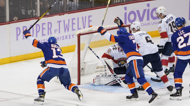 UNIONDALE, NY - NOVEMBER 09: New York Islanders Center Mathew Barzal (13) and New York Islanders Right Wing Jordan Eberle (7) react to a goal being scored during the third period of the National Hockey League game between the Florida Panthers and the New York Islanders on November 9, 2019, at the Barclays Center in Brooklyn, NY.