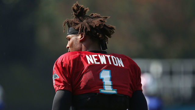 SPARTANBURG, SC - AUGUST 13: Cam Newton (1) quarterback of Carolina during the Carolina Panthers training camp at Wofford College in Spartanburg, S.C. on August 13, 2019.