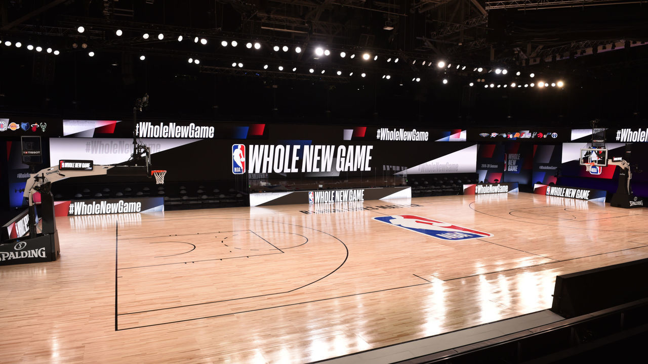 ORLANDO, FL - JULY 21: A general overall interior view of the court as part of the NBA Restart 2020 on July 21, 2020 at The Arena at ESPN Wide World of Sports in Orlando, Florida. NOTE TO USER: User expressly acknowledges and agrees that, by downloading and/or using this photograph, user is consenting to the terms and conditions of the Getty Images License Agreement. Mandatory Copyright Notice: Copyright 2020 NBAE