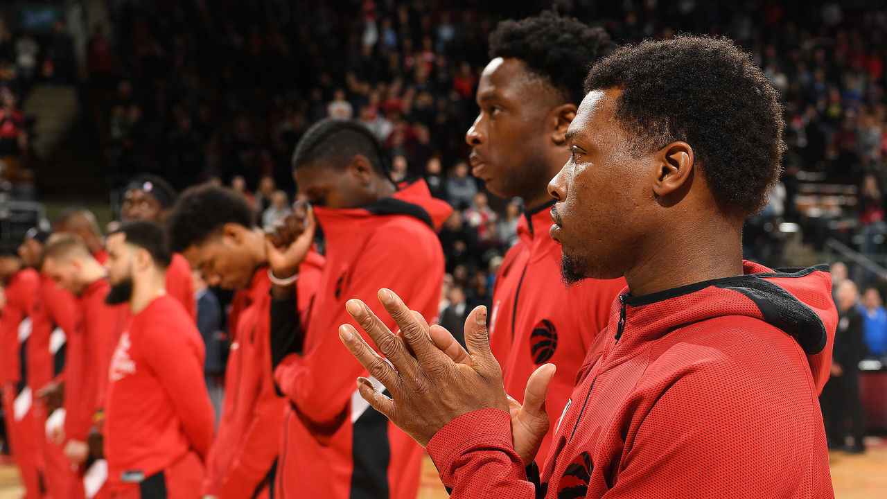 TORONTO, CANADA - FEBRUARY 2: The Toronto Raptors stand for the National Anthem prior to a game against the Chicago Bulls on February 3, 2020 at the Scotiabank Arena in Toronto, Ontario, Canada. Mandatory Copyright Notice: Copyright 2020 NBAE