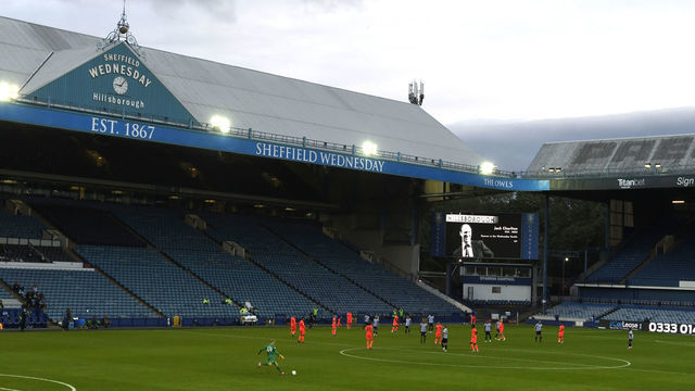 SHEFFIELD, ENGLAND - JULY 14: A general view of play during the Sky Bet Championship match between Sheffield Wednesday and Huddersfield Town at Hillsborough Stadium on July 14, 2020 in Sheffield, England. Football Stadiums around Europe remain empty due to the Coronavirus Pandemic as Government social distancing laws prohibit fans inside venues resulting in all fixtures being played behind closed doors.