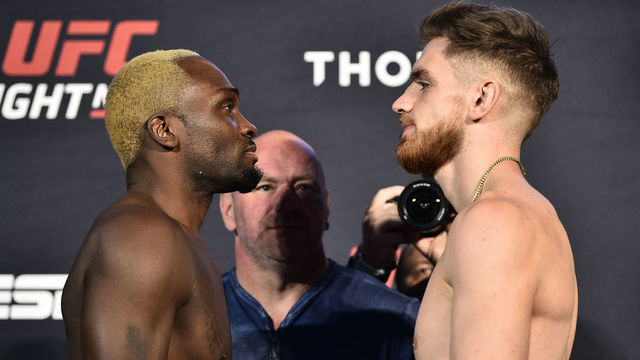 LAS VEGAS, NEVADA - JULY 31: (L-R) Opponents Derek Brunson and Edmen Shahbazyan face off during the UFC Fight Night weigh-in at UFC APEX on July 31, 2020 in Las Vegas, Nevada.