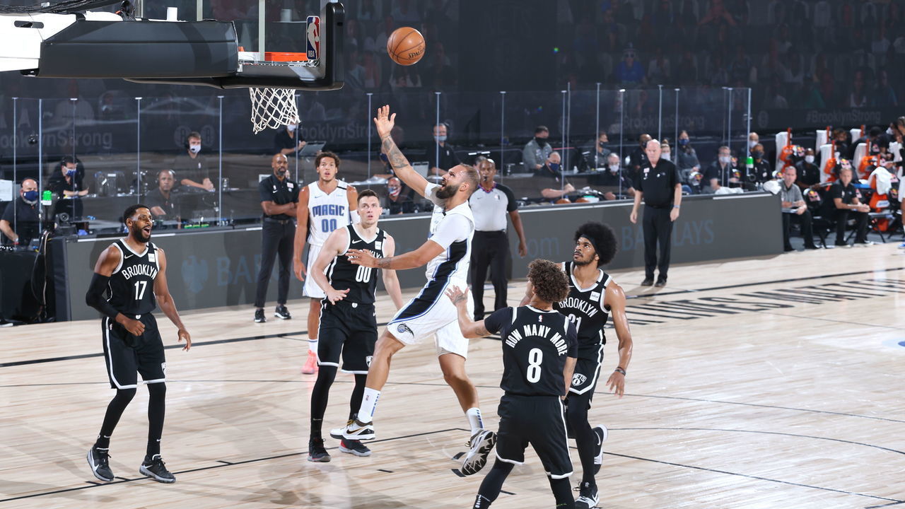 Orlando, FL - JULY 31: Evan Fournier #10 of the Orlando Magic shoots the ball against the Brooklyn Nets during a scrimmage on July 31, 2020 at HP Field House at ESPN Wide World of Sports in Orlando, Florida. NOTE TO USER: User expressly acknowledges and agrees that, by downloading and/or using this Photograph, user is consenting to the terms and conditions of the Getty Images License Agreement. Mandatory Copyright Notice: Copyright 2020 NBAE