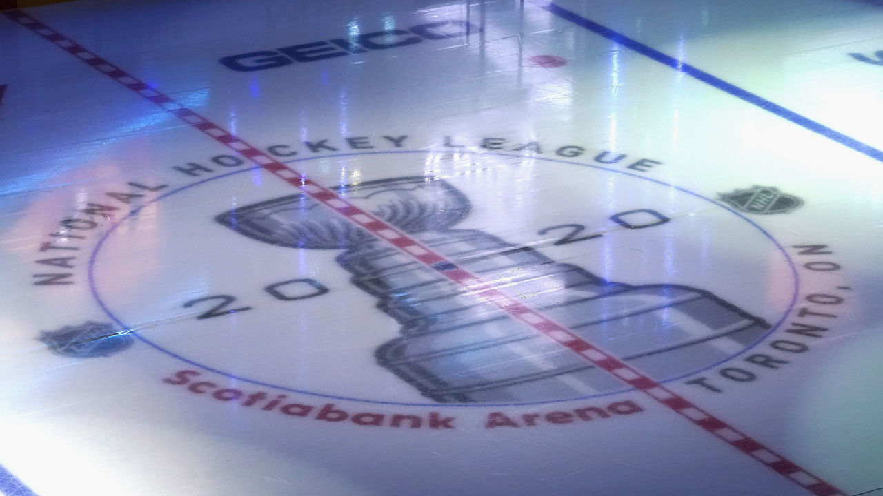 TORONTO, ONTARIO - JULY 29: A general view of the in ice logos prior to the exhibition game between the Colorado Avalanche and the Minnesota Wild before the 2020 NHL Stanley Cup Playoffs at Scotiabank Arena on July 29, 2020 in Toronto, Ontario, Canada.