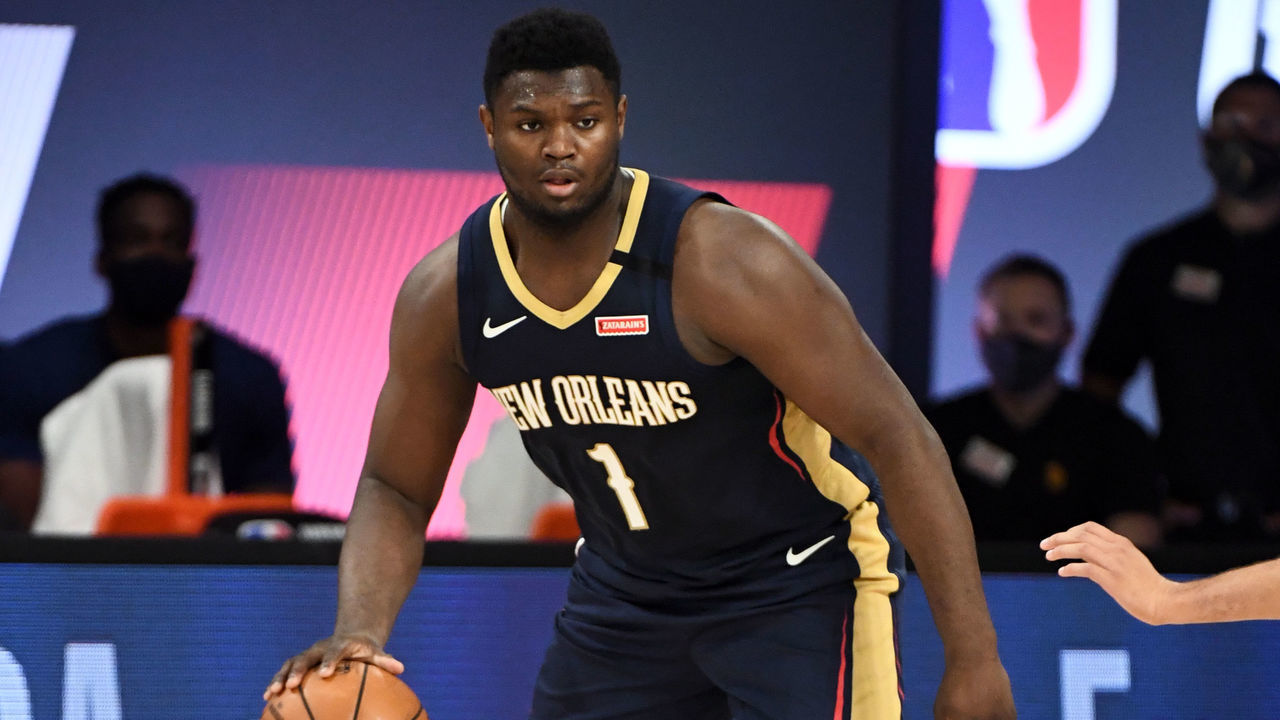 Orlando, FL - JULY 30: Zion Williamson #1 of the New Orleans Pelicans handles the ball during the game against the Utah Jazz during a game on July 30, 2020 at The HP Field House at ESPN Wide World Of Sports Complex in Orlando, Florida. NOTE TO USER: User expressly acknowledges and agrees that, by downloading and/or using this Photograph, user is consenting to the terms and conditions of the Getty Images License Agreement. Mandatory Copyright Notice: Copyright 2020 NBAE