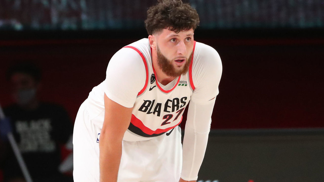 Orlando, FL - JULY 31: Carmelo Anthony #00 and Jusuf Nurkic #27 of the Portland Trail Blazers looks on against the Memphis Grizzlies on July 31, 2020 at The Arena at ESPN Wide World of Sports in Orlando, Florida. NOTE TO USER: User expressly acknowledges and agrees that, by downloading and/or using this Photograph, user is consenting to the terms and conditions of the Getty Images License Agreement. Mandatory Copyright Notice: Copyright 2020 NBAE