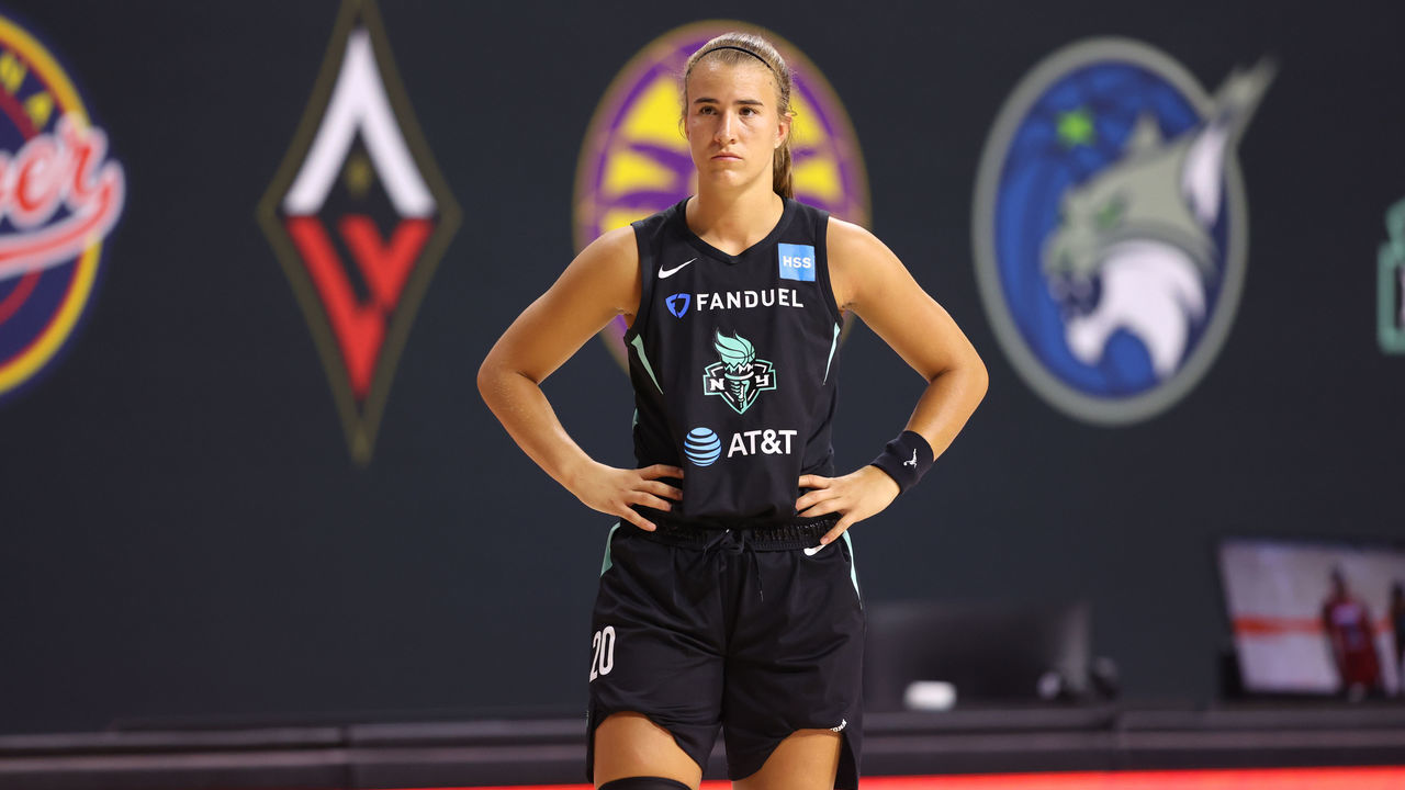 PALMETTO, FL - JULY 31: Sabrina Ionescu #20 of the New York Liberty looks on during the game on July 31, 2020 at Feld Entertainment Center in Palmetto, Florida. NOTE TO USER: User expressly acknowledges and agrees that, by downloading and/or using this Photograph, user is consenting to the terms and conditions of the Getty Images License Agreement. Mandatory Copyright Notice: Copyright 2020 NBAE