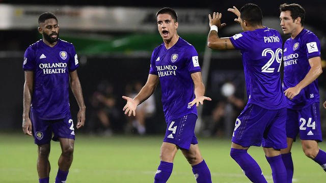 REUNION, FLORIDA - JULY 31: Joao Moutinho #4 of Orlando City celebrates after scoring to tie 1-1- during a quarter final match of MLS Is Back Tournament between Orlando City and Los Angeles FC at ESPN Wide World of Sports Complex on July 31, 2020 in Reunion, Florida.