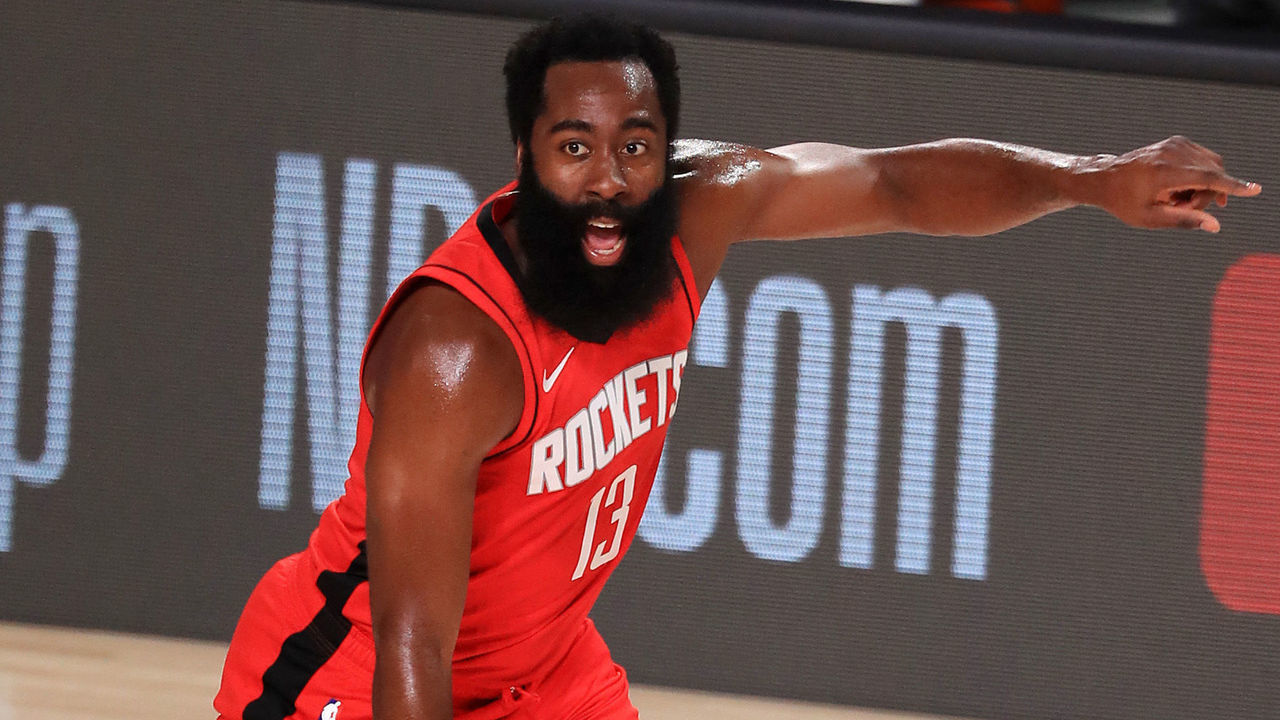 LAKE BUENA VISTA, FLORIDA - JULY 31: James Harden #13 of the Houston Rockets dribbles during the first half against the Dallas Mavericks at The Arena at ESPN Wide World Of Sports Complex on July 31, 2020 in Lake Buena Vista, Florida.