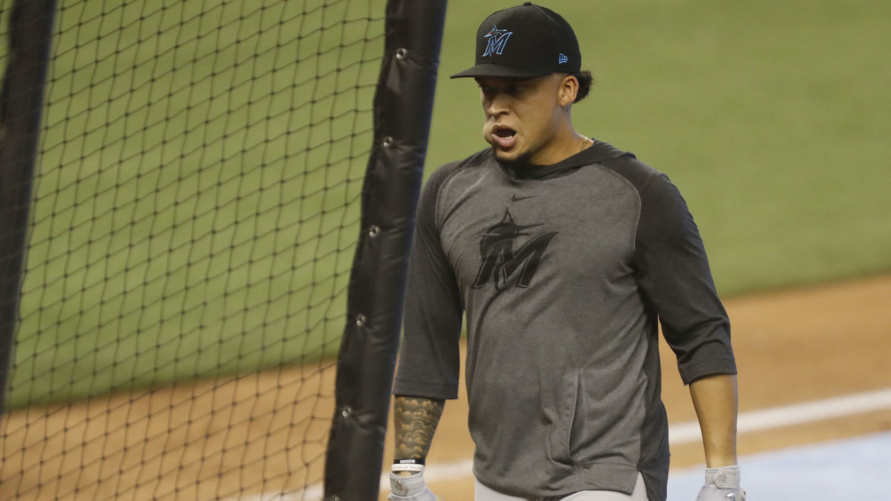 MIAMI, FLORIDA - JULY 08: Isan Diaz #1 of the Miami Marlins takes batting practice during summer workouts at Marlins Park on July 08, 2020 in Miami, Florida.